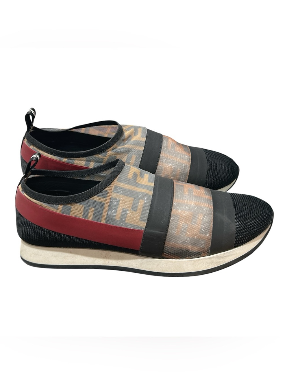 Authentic Fendi FF Logo Mesh & Strap Slip-On Sneakers (Black/Red/Brown